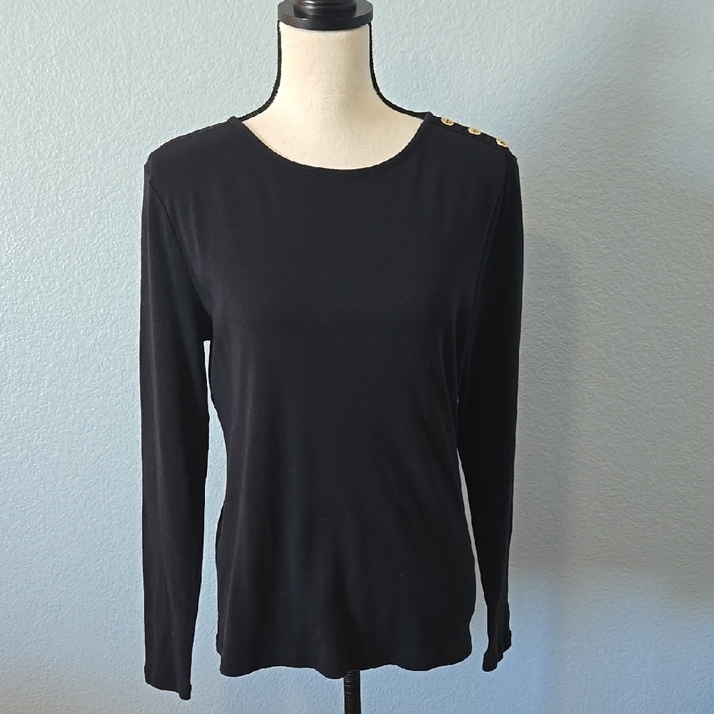 RALPH LAUREN Button Shoulder Crew Neck Long Sleeve Top Black Sz XL Preppy